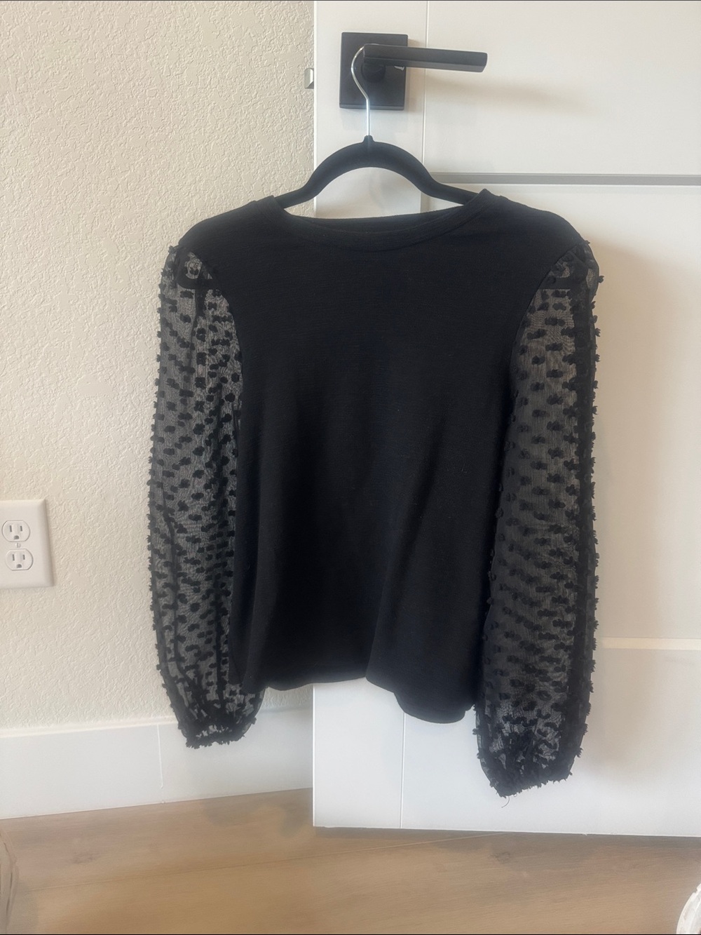 Maeve Black Crewneck Sweater with Sheer Dot-Texture Puff Sleeves